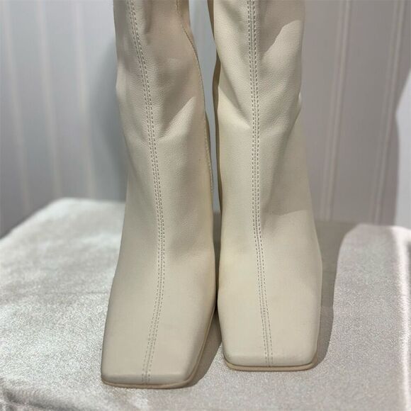 Oak + Fort Cream Mid Calf Heeled Boots Women’s 7 Square Toe Minimalist Y2K - Picture 3 of 10